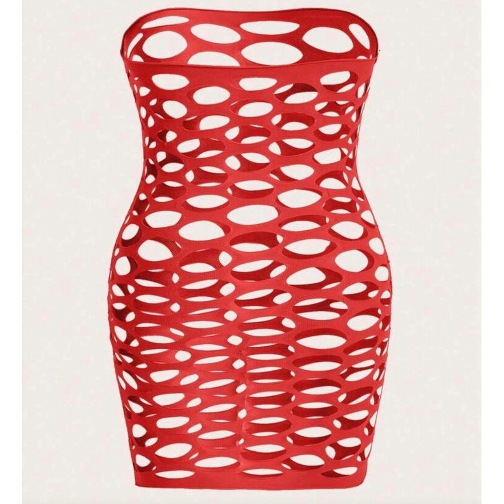 Red Fishnet Cutout Mini Dress Sexy Hollow Out Rave Clubwear Bodycon Lingerie